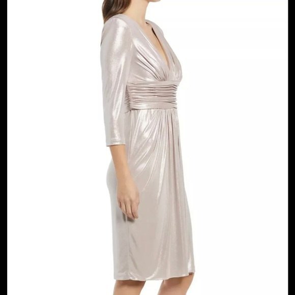 Vince Camuto Women's Size 6 Taupe Rose Metallic Ruched Waist Long Sleeve Dress - Picture 3 of 10